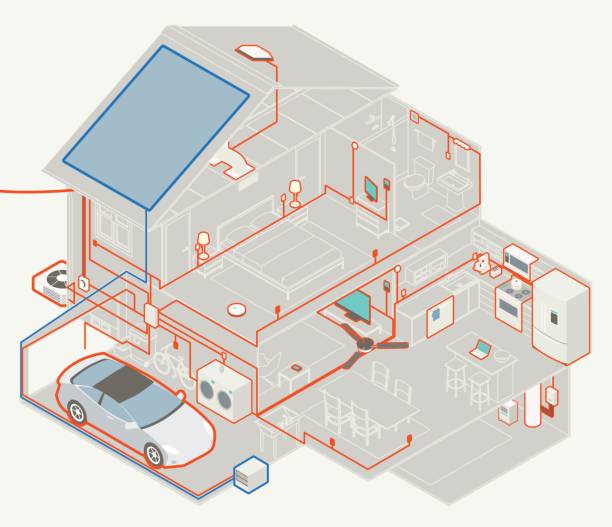 Detailed electrical diagram of a two-level house, including basement, garage, ground level, upstairs level and attic. Detailed electrical schematic includes service line, fuse box, and a representation of the home’s wiring, switches and outlets. Electrical fixtures include lighting, a ceiling fan, major appliances and electronics. A solar panel is seen on the roof, wired to batteries/storage cells, and an electric car is parked in the garage. Furniture and other details complete the scene. Vector illustration presented in isometric view.